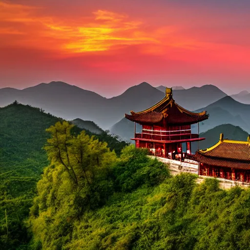 Prompt: a beautiful wide angle HDR photograph of a distant Chinese temple in a vast mountain valley at sunset