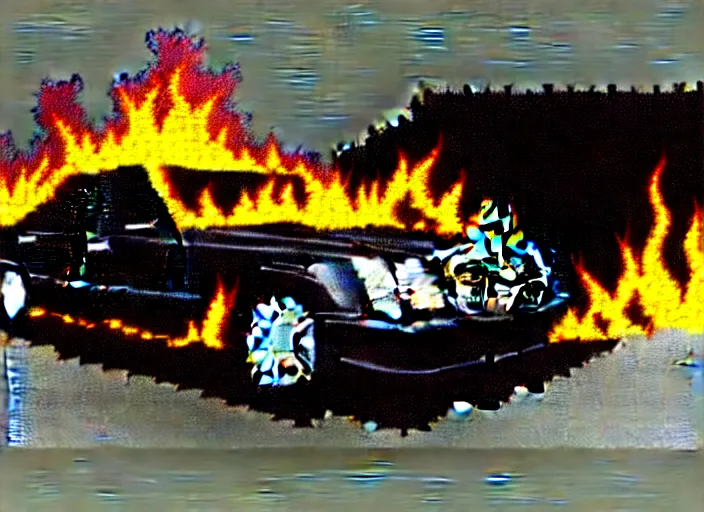 Prompt: burning wrecked mercedes 1 2 4, pixelart by kirokaze, award winning. dramatic. trending on artstation. very low quality, low resolution sync by honeybunny