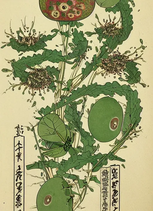 Image similar to scientific botanical illustration of a green plant with eyeballs instead of flowers, Ukiyo-e