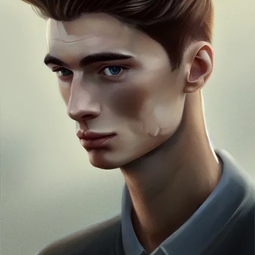 Image similar to tall man in his twenties with brown blond short quiff hair and thin slightly round facial structure with cleft chin, straight eyebrows and prominent nose, good definition of cheekbones, big hazel nut brown eyes, narrow face, slim body, atmospheric lighting, painted, intricate, 4 k, highly detailed by charlie bowater