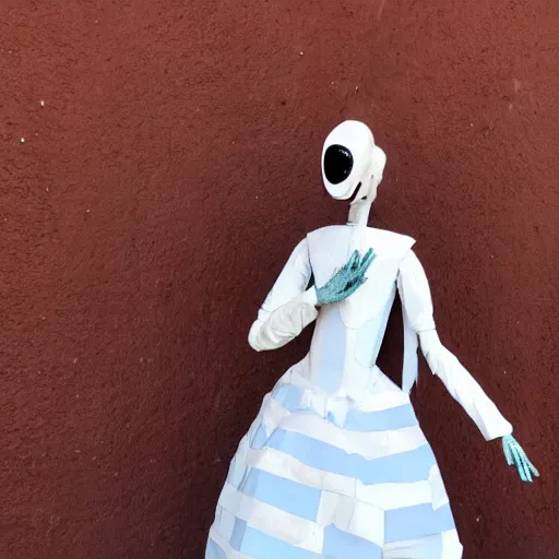 Image similar to an alien wearing a white belle rina frock