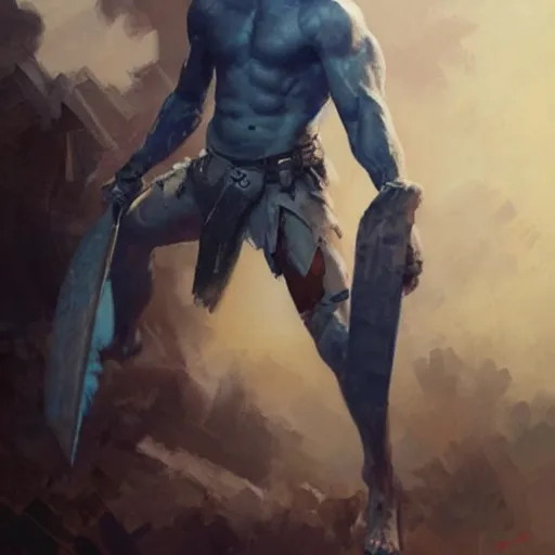 Image similar to young warrior marching toward the viewer, male, muscular, blue eyes!!!!, straight nose!!!, detailed face, exposed thighs!!!, highly detailed, painting by greg rutkowski