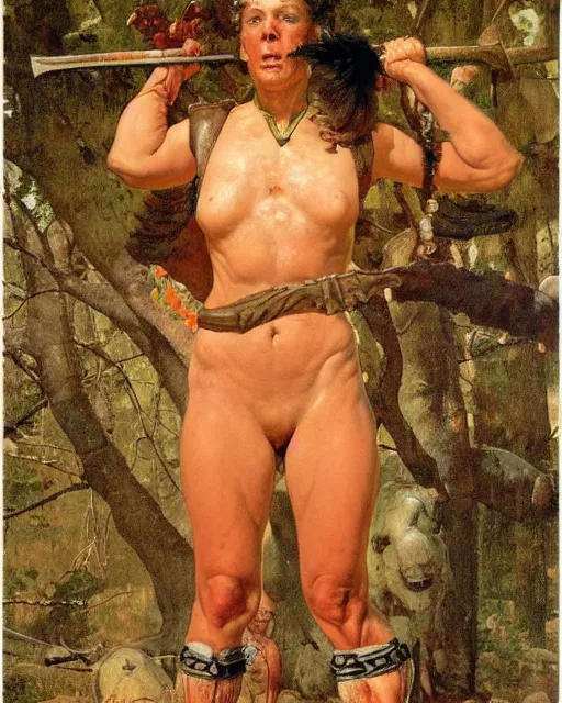 Image similar to portrait of a savage muscular barbarian female, by norman rockwell