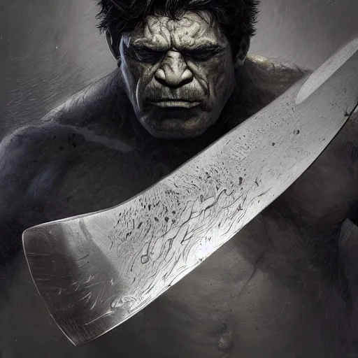 Image similar to artstation concept a midnight blue hulk jolding a meat cleaver, dusty, hyperdetailed, artstation trending, world renowned artists, worth 1 0 0 0. com, historic artworks society, antique renewel, cgsociety, by greg rutkowski, by gustave dore, deviantart