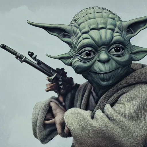 Image similar to an extremely detailed matte painting of a ridiculously good looking yoda that looks like a jewish gigachad in the vietnam war, wearing a ballistic helmet from patton, long curly hair, camouflaged gear, very detailed, jungles of vietnam beautiful, intricate, cinematic, artstation, william bouguereau, alphonse mucha, greg rutkowski, stanley kubrick, octane render