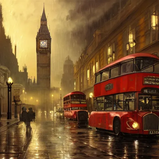 Prompt: a painting of london in 1 9 2 0's, ultra realistic, colour, concept art, intricate details, night, thunder, raining, eerie, arkham horror, call of cthulhu, elder sign, highly detailed, dark fantasy, photorealistic, octane render, 8 k, unreal engine 5. art by artgerm and greg rutkowski and alphonse mucha