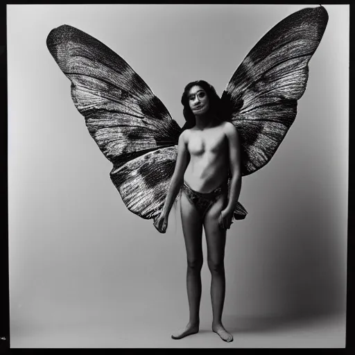 Image similar to a person with moth wings and a proboscis, large format film fashion photograph by richard avedon