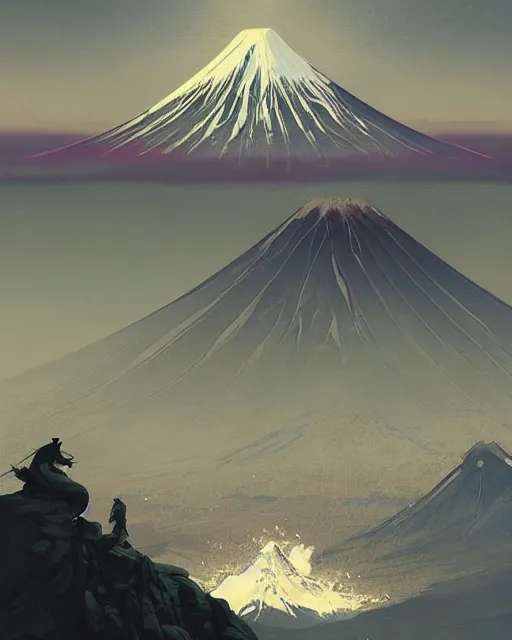 Image similar to a highly detailed epic cinematic concept art CG render digital painting artwork: Mount Fuji . By Greg Rutkowski, in the style of Francis Bacon and Syd Mead and Norman Rockwell and Beksinski, open ceiling, highly detailed, painted by Francis Bacon and Edward Hopper, painted by James Gilleard, surrealism, airbrush, Ilya Kuvshinov, WLOP, Stanley Artgerm, very coherent, triadic color scheme, art by Takato Yamamoto and James Jean