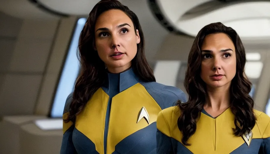 Image similar to Gal Gadot, wearing a yellow uniform, is the captain of the starship Enterprise in the new Star Trek movie