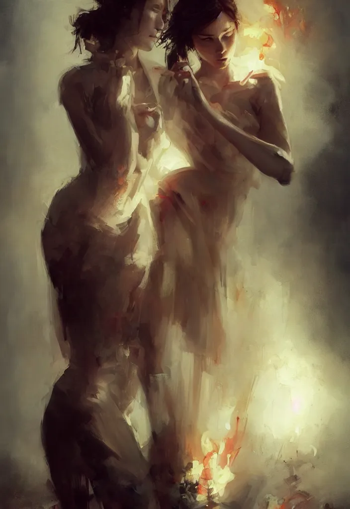 Image similar to full body portrait of a duo of 2 0 years old girl figures, messy hair, oriental tattoos, bespoke tailor suits, beautiful, dramatic, cinematic lighting, few fire red highlights, by jeremy mann and greg rutkowski, oil on canvas, artstation, pixiv