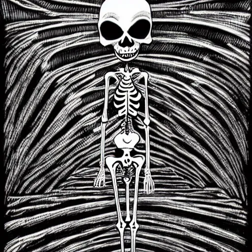 Image similar to black and white trippy comic art of a skeleton as death the grim reaper, lots of particles, drawn by Martin Rowson, salvador dali, Tim Burton, Studio Ghibli, Alex Pardee, Nekro Petros Afshar, James McDermott, cgsociety 4K