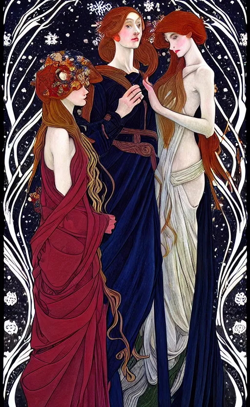 Image similar to 3 Figures as Winter Spirits, style is a blend of Ivan Bilibin, Botticelli, and John Singer Sargent, inspired by pre-raphaelite paintings, shoujo manga, and Slavic folk fairytale aesthetic, dark and moody colors, hyper detailed, super fine inking lines, 4K extremely photorealistic digital art