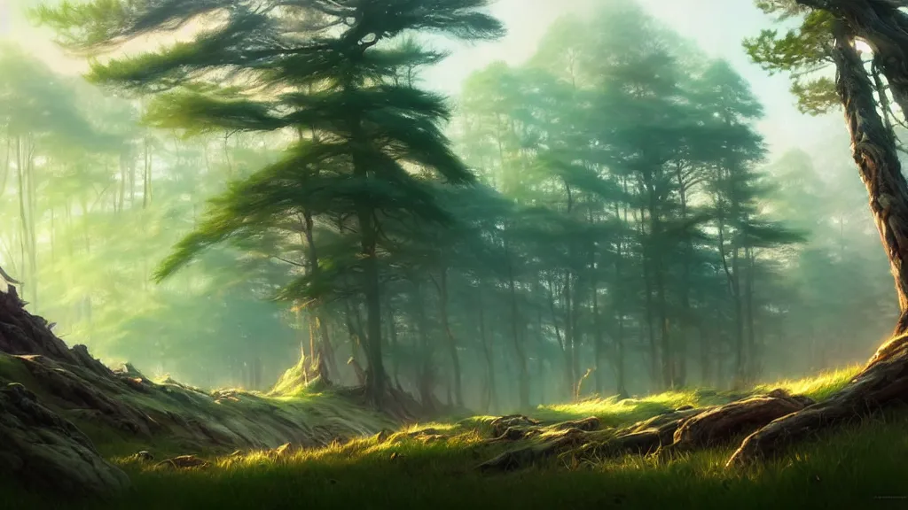 Prompt: forest clearing landscape, pastel color tones, fantasy, elegant, highly detailed, digital painting, artstation, concept art, smooth, sharp focus, illustration, wide angle, artbook, splash art, promo art, soul calibur, league of legends, art by artgerm and greg rutkowski and bo chen and jin xiaodi