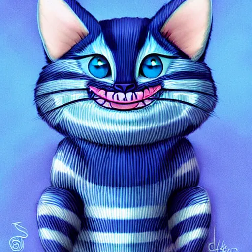 Image similar to cute blue striped cheshire cat. an adorable cat with light blue stripes, blue eyes and a big mischievous smile. stunning digital art by eva balloon. fluffy, soft