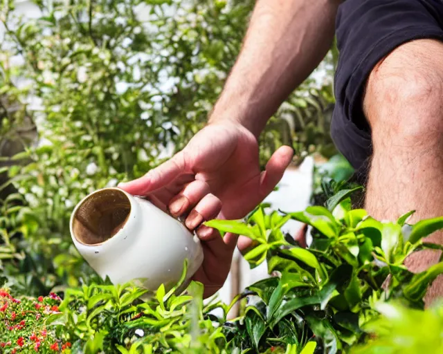 Image similar to mr robert is drinking fresh tea, smoke pot and meditate in a garden from spiral mug, detailed focused face, muscular hands, golden hour closeup photo, red elegant shirt, eyes wide open, ymmm and that smell