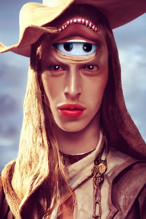 Image similar to gopro closeup of jar jar binks as a female cowgirl, long eyeslashes, huge juicy lips, big seductive eyes, dolce & gabbana campaign, shot by mario testino, realistic vfx simulation