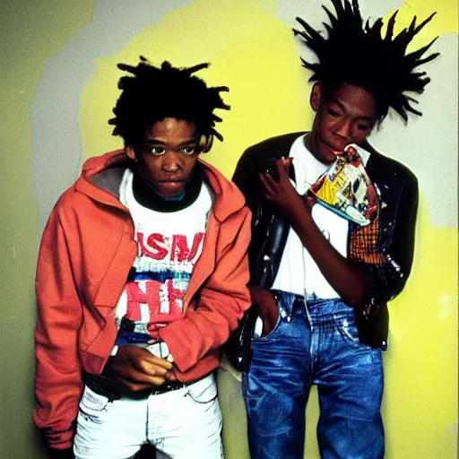 Image similar to basquiat with kurt cobain photographed by annie leibovitz in a hi end photo studio, color, photorealistic