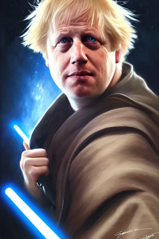 Image similar to Boris Johnson as a Jedi from Star Wars, Union Jack light saber, realistic portrait, symmetrical, highly detailed, digital painting, artstation, concept art, smooth, sharp focus, illustration, cinematic lighting, art by artgerm and greg rutkowski and alphonse mucha