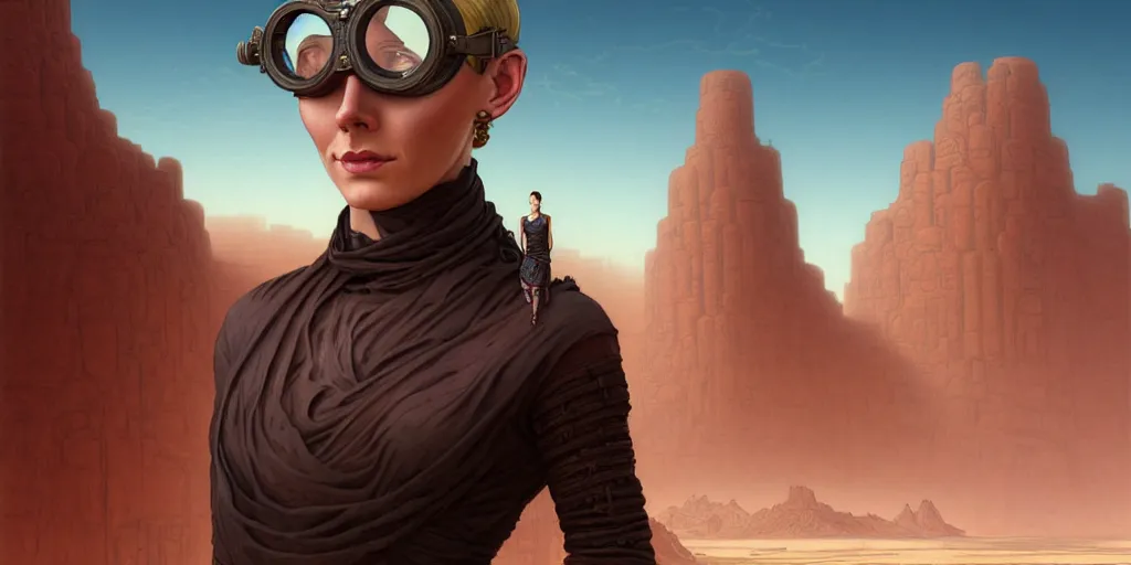 Image similar to tattooed stoic injured dirty blonde butch emotionless woman engineer, with very short slicked - back hair, wearing victorian goggles, primitive desert planet with red dust storms, gigantic ancient alien temple in background, highly detailed, digital painting, artstation, concept art, matte, sharp focus, illustration, art by artgerm and greg rutkowski and alphonse mucha