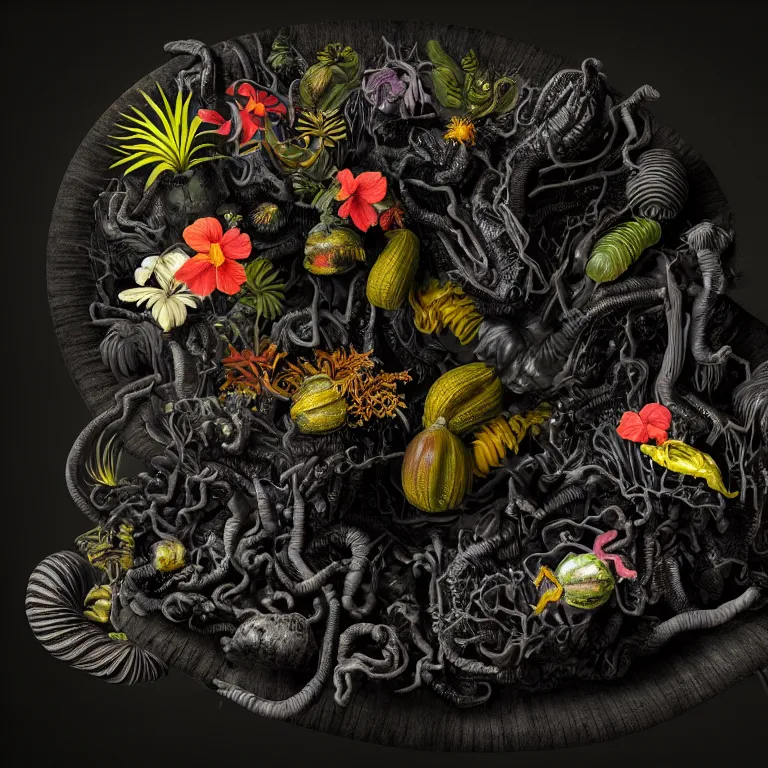 Prompt: still life of surreal alien black tropical flowers, rotten moldy black mold, surreal alien ribbed black tropical fruit, black human spine, black background baroque painting, beautiful detailed intricate insanely detailed octane render, 8K artistic photography, photorealistic, chiaroscuro, Raphael, Caravaggio