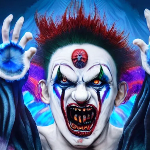 Image similar to 4K headshot of godlike clown with blue skin with defined arms and open hands and bloody clothes with giant mandala wings , white intricate scary clown makeup , flawless anime cel animation by Kentaro Miura, psychedelic , highly detailed upper body , professionally post-processed , beautiful, scary, symmetry accurate features, epic, octane rendered, anime masterpiece, accurate