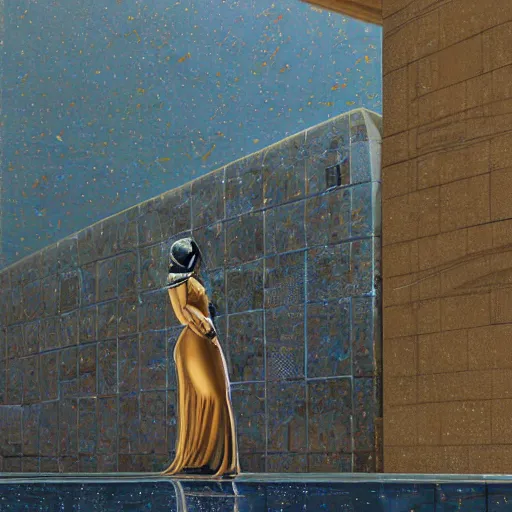 Image similar to detailed face of an arabic woman, travertine and stainless steel courtyard, terrazzo, tectonic sky, skydome, reactor, utopian, tech noir, wet reflections, prism, atmospheric, ambient, pj crook, syd mead, livia prima, artgerm, greg rutkowski, nick alm, casey baugh