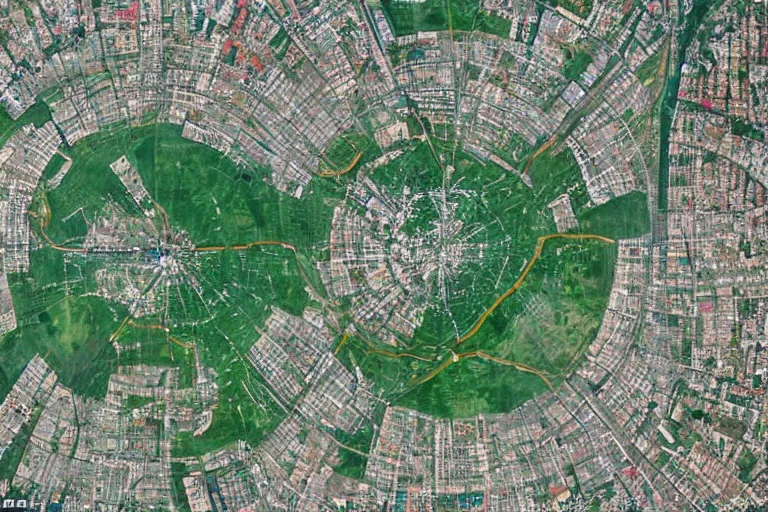 Prompt: satellite image of a large Soviet city with a large square green park in the middle