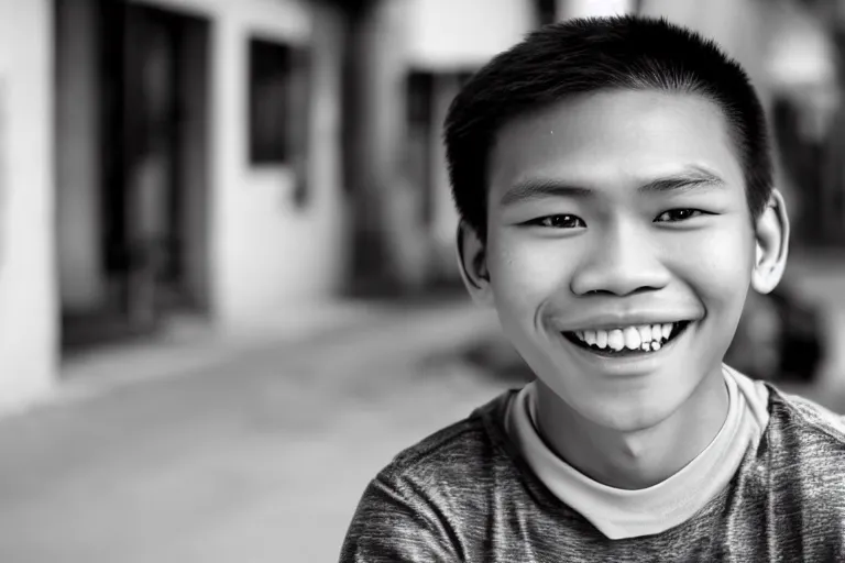 Image similar to still photo of a filipino teenange boy smiling at the camera on the street, black and white color aesthetic, highly detailed, photorealistic portrait, bright studio setting, studio lighting, crisp quality and light reflections, unreal engine 5 quality render