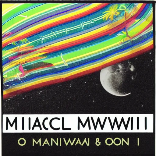 Image similar to miracle musical Hawaii part ii album cover, showing an ocean in the background, spiral transparent stairs on the left with tall palm trees behind it, a slight rainbow in the background, white outline border, moon in the right top area black and white except for the rainbow album cover rainbow text in the center reading Hawaii part ii, 80s Japanese