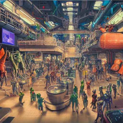 Prompt: highly detailed crowded used future shopping mall, robots humans and extraterrestrials, on a crowded space station, jim henson creature shop, 1 9 8 0 s science fiction, 1 9 7 0 s science fiction, alien 1 9 7 9, cyberpunk, 3 d oil painting, depth perception, 4 k, artstation