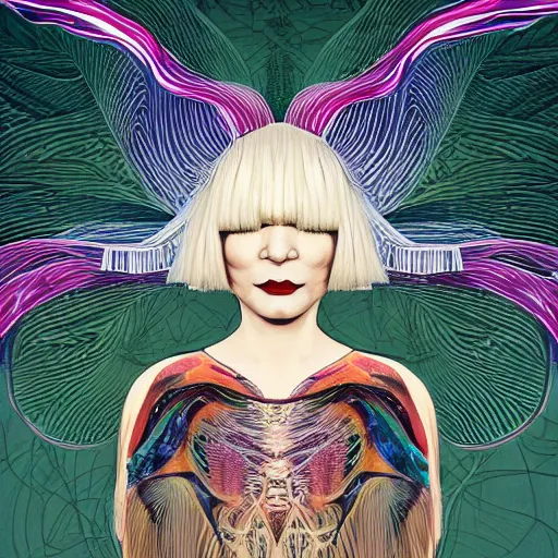 Prompt: portrait of crazy beautiful singer sia kate isobelle furler, big ribbon, symmetrical, by yoichi hatakenaka, masamune shirow, josan gonzales and dan mumford, ayami kojima, takato yamamoto, barclay shaw, karol bak, yukito kishiro