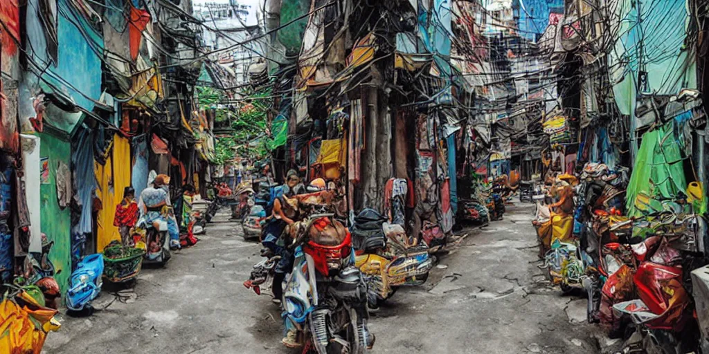 Image similar to alleyway vietnam hot summer day in the style of a comic book