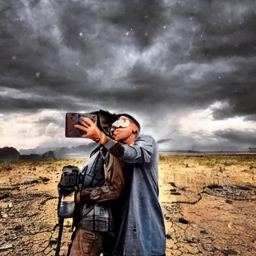 Image similar to the last selfie on earth, photography, apocalyptic