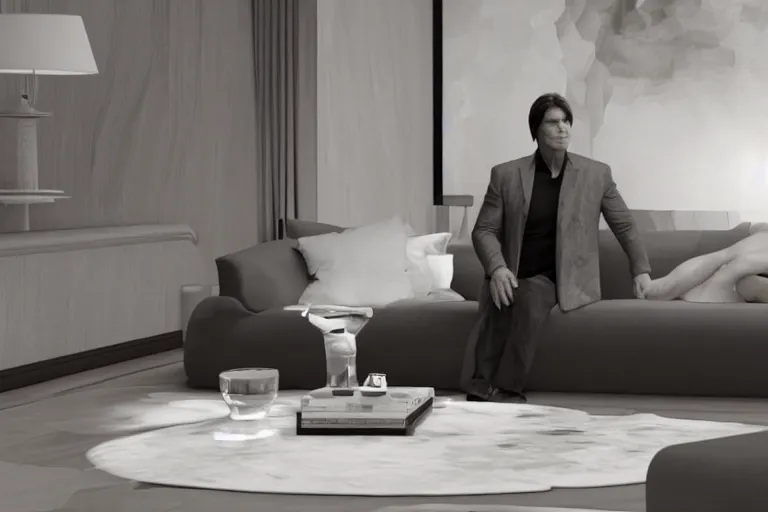 Image similar to a cinematic still from oprah couch, (tom cruise!!!!!), tomcruise!!!, ((((octane render, nvidia raytracing demo))))