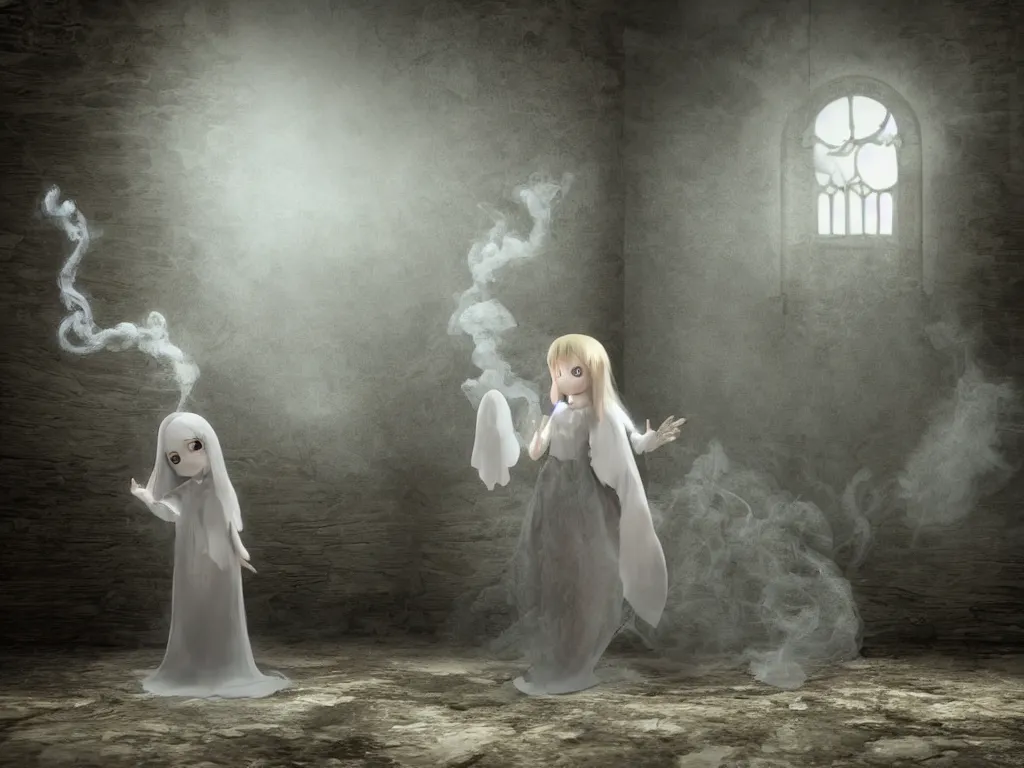 Image similar to cute fumo plush gothic angel maiden girl ghost wraith making an apparition in an abandoned watchtower, wisps of smoke and glowing volumetric fog, vignette, orthographic, vray
