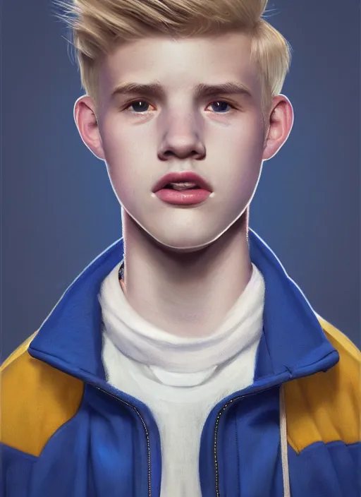 Image similar to portrait of a teenage boy named moose mason, blonde short hair, jock, beefy, square jaw, square facial structure, 1 9 5 0 s, blue varsity jacket, intricate, elegant, glowing lights, highly detailed, digital painting, artstation, concept art, smooth, sharp focus, illustration, art by wlop, mars ravelo and greg rutkowski