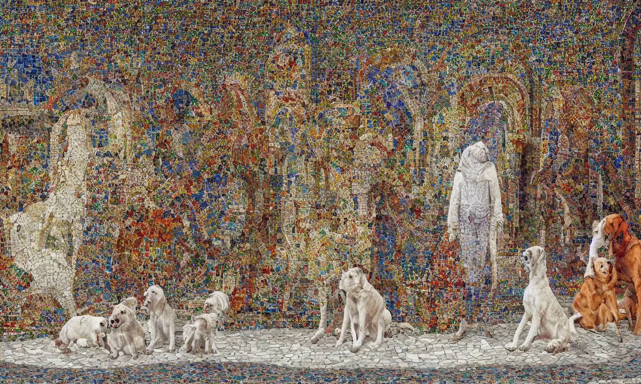 Image similar to Istanbul white dogs at the garden of the great palace of Constantinople's mosaics, digital art, 3d, perfect lighting, natural, colourful