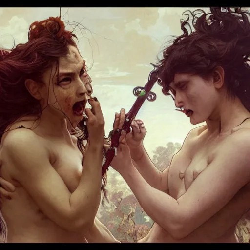 Prompt: two angry zombie girls attacking each other, intricate, art by artgerm and greg rutkowski and alphonse mucha and william - adolphe bouguereau, high detailed, 4 k,