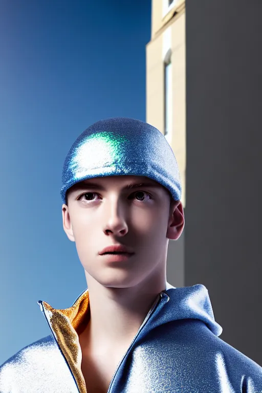 Image similar to un ultra high definition studio quality photographic art portrait of a young man standing on the rooftop of a british apartment building wearing soft padded silver pearlescent clothing. three point light. extremely detailed. golden ratio, ray tracing, volumetric light, shallow depth of field. set dressed.