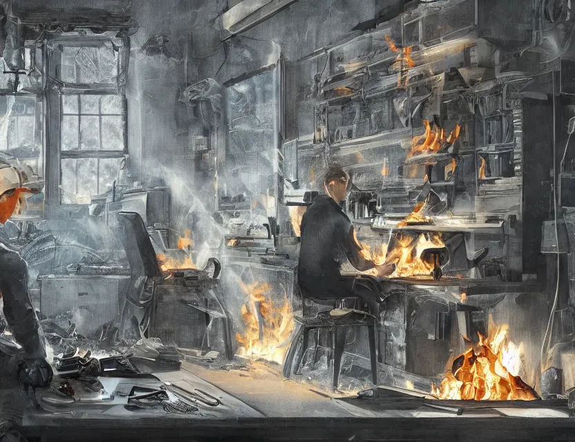 Image similar to a man works at a workstation in a very hot office with burning fires, close up, featured in artstation, intricate, ultra detailed, concept art, wide - angle lens, unreal engine, sharp focus, illustration, 8 k