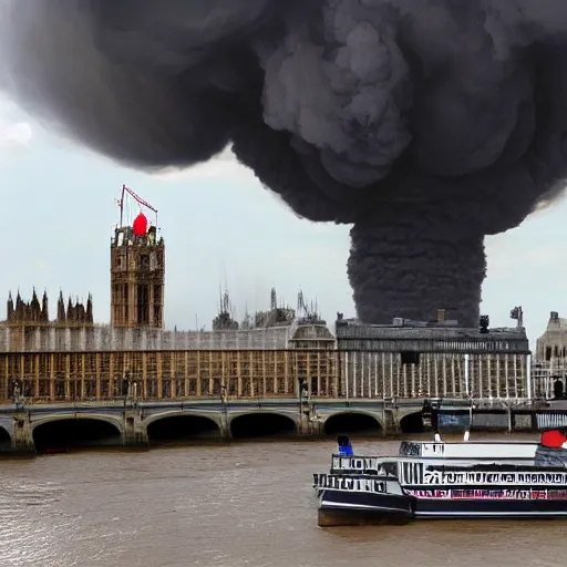 Image similar to nuclear bomb in london, big ben clock tower, huge mushroom cloud, destruction