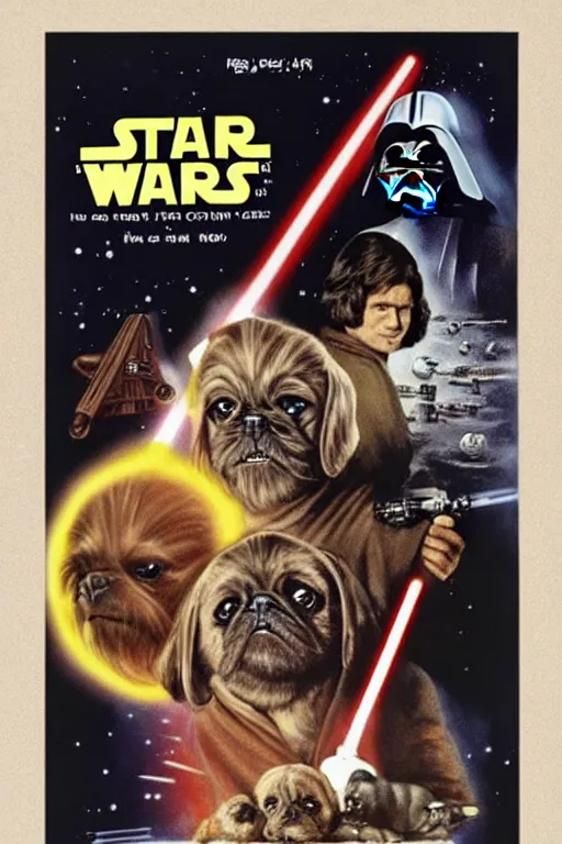 Image similar to vintage 1 9 7 7 star wars episode iv a new hope movie poster, with pugs instead of people