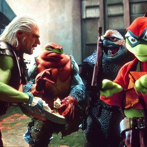 Prompt: production still of Geralt of Rivia and the Teenage Mutant Ninja Turtles eating pizza in the 1990s live action movie