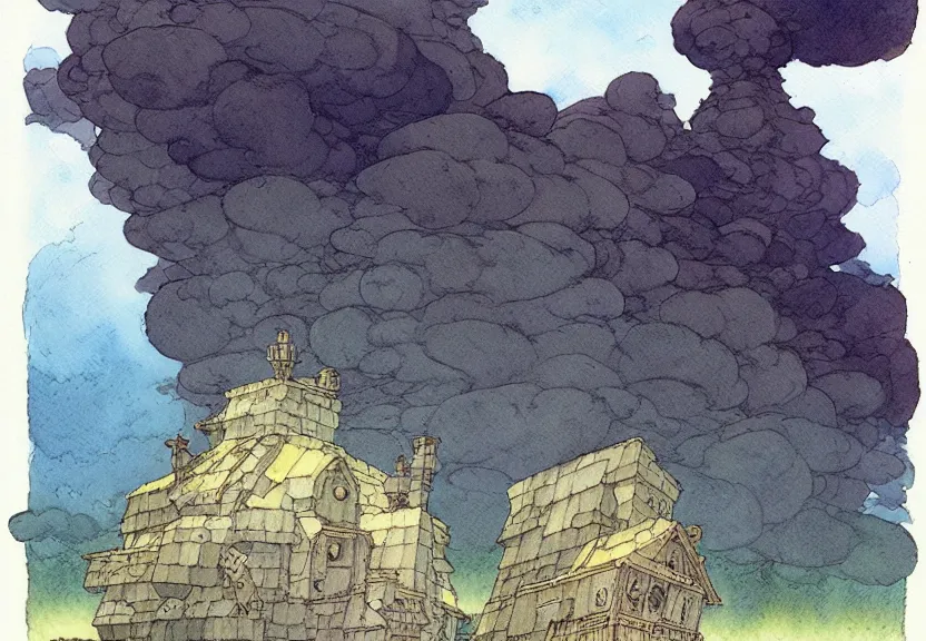 Image similar to a simple watercolor fantasy concept art of a giant dark grey cube floating in the air. by studio ghibli, rebecca guay, michael kaluta, charles vess