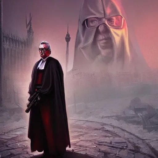 Prompt: Jean-Claude Juncker as a sith lord, post-apocalyptic, Munich, wlop, artstation