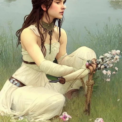 Prompt: A beautiful portrait of A beautiful!!! female knight sitting by the lake by greg rutkowski and alphonse mucha,In style of digital art illustration.Dark Fantasy.WLOP.hyper detailed,smooth, sharp focus,trending on artstation,4k