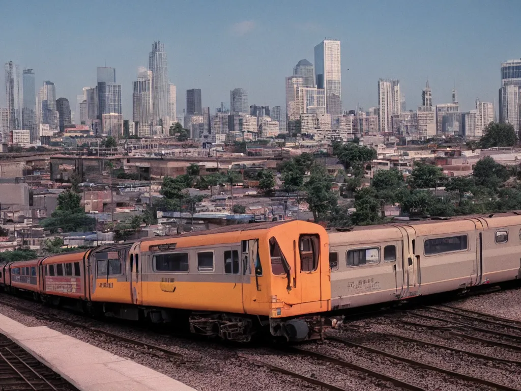 Prompt: 8 0 s movie still, train passing by while bright city is in the background, medium format color photography, 8 k resolution, arri 3 5 mm cinema, hyperrealistic, photorealistic, high definition, highly detailed, tehnicolor, anamorphic lens, award - winning photography, masterpiece