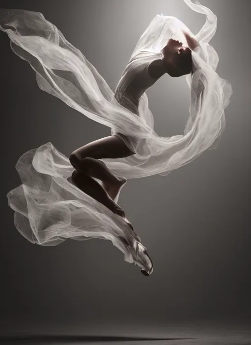 Image similar to a Photorealistic dramatic hyperrealistic render of a beautiful Female smoke dancer by Ken Brower and Deborah Ory of NYC Dance project,Lois Greenfield,Flowing cloth and smoke,Beautiful dynamic dramatic dark moody lighting,volumetric,shadows,cinematic atmosphere,Octane render,8K