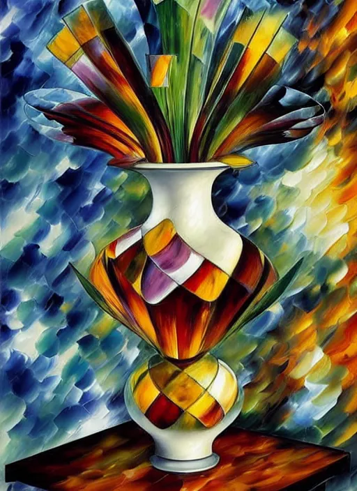 Prompt: Escher inspired vase, designed by Rene Lalique, studio photography on a Leonid Afremov background