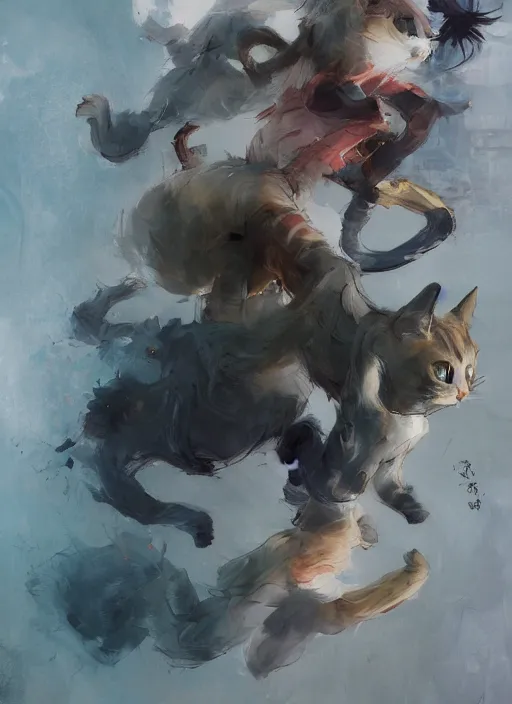 Prompt: surreal gouache gesture painting, by yoshitaka amano, by ruan jia, by Conrad roset, by dofus online artists, detailed render of cats fighting,cats, felines, meow, cats, portrait, cgsociety, artstation, rococo mechanical, Digital reality, sf5 ink style, dieselpunk atmosphere, gesture drawn